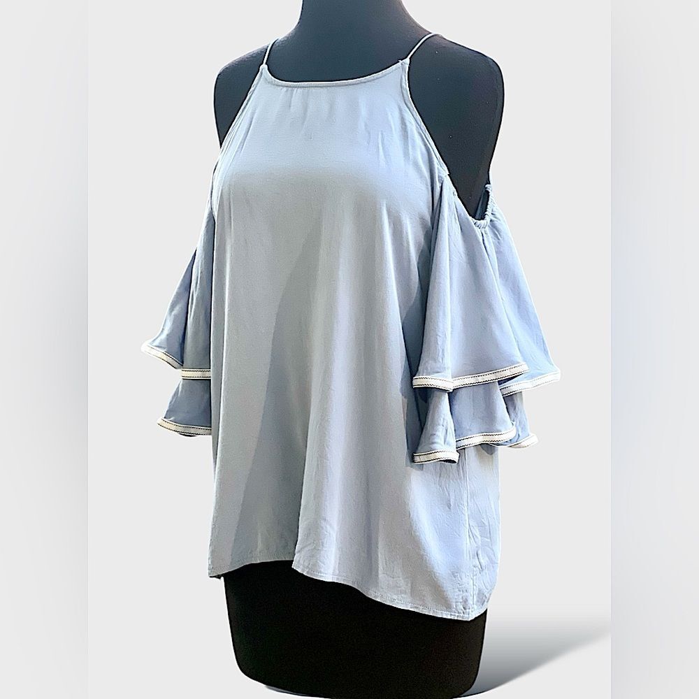 C. Luce Cold Shoulder Ruffled Sleeve Chambray Top | Women's M